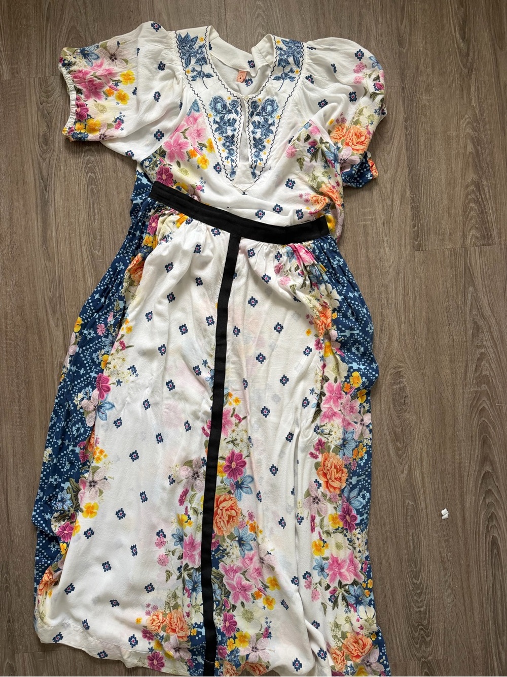 FARM Rio White Maxi Dress with Blue & Multicolor Floral Print